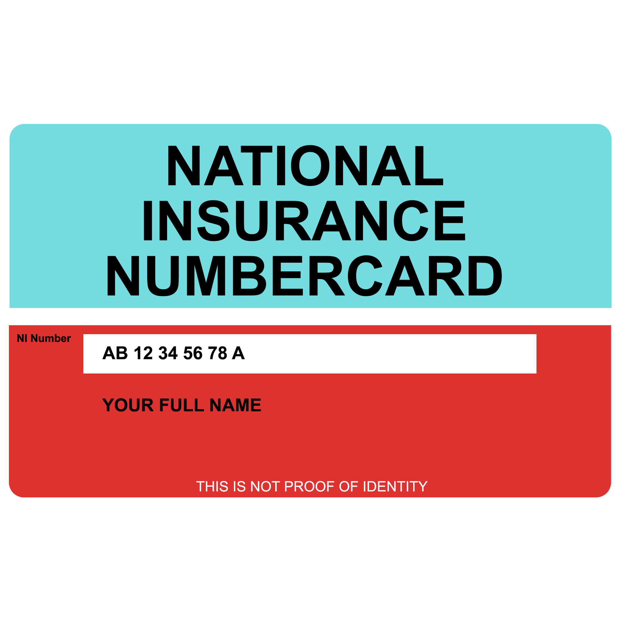 National Insurance Number Card - Printed on hard plastic credit sized card.